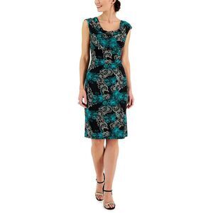 Connected Apparel Womens Green Printed Mini Cowlneck Sheath Dress NWT